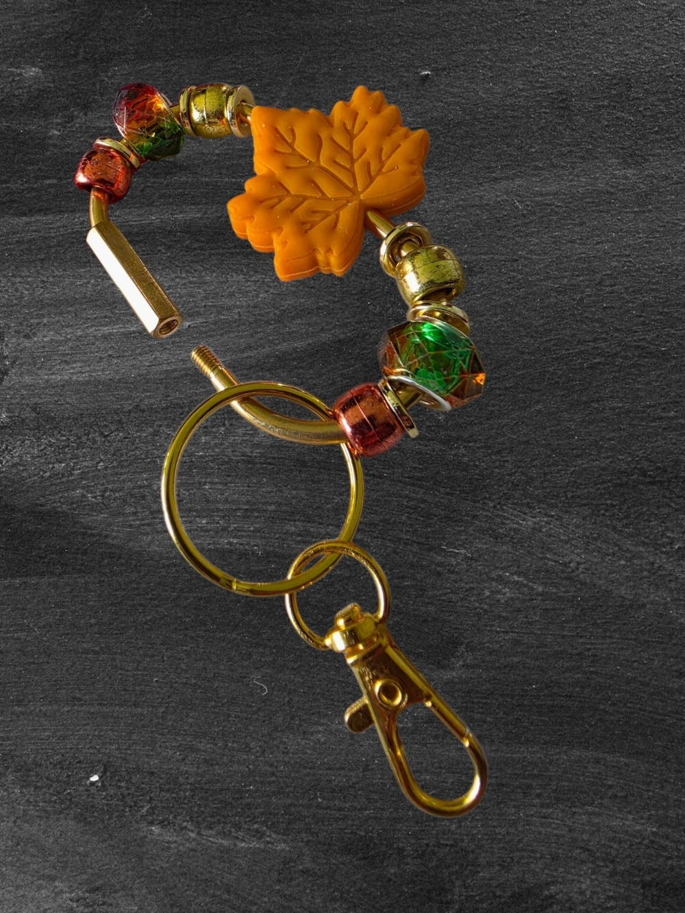 Gold-Tone Leaf Charm Purse Clip with Orange Leaf and Beads